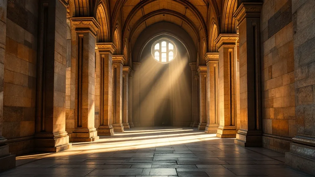A quiet, light-filled stone cloister with a shaft of golden light across the floor.